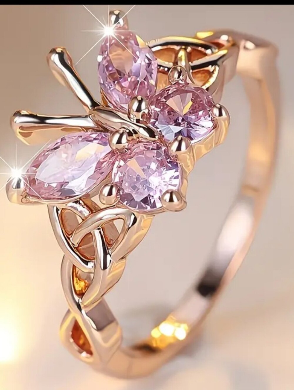 Rose Gold Butterfly Ring with Pink Crystal Accents